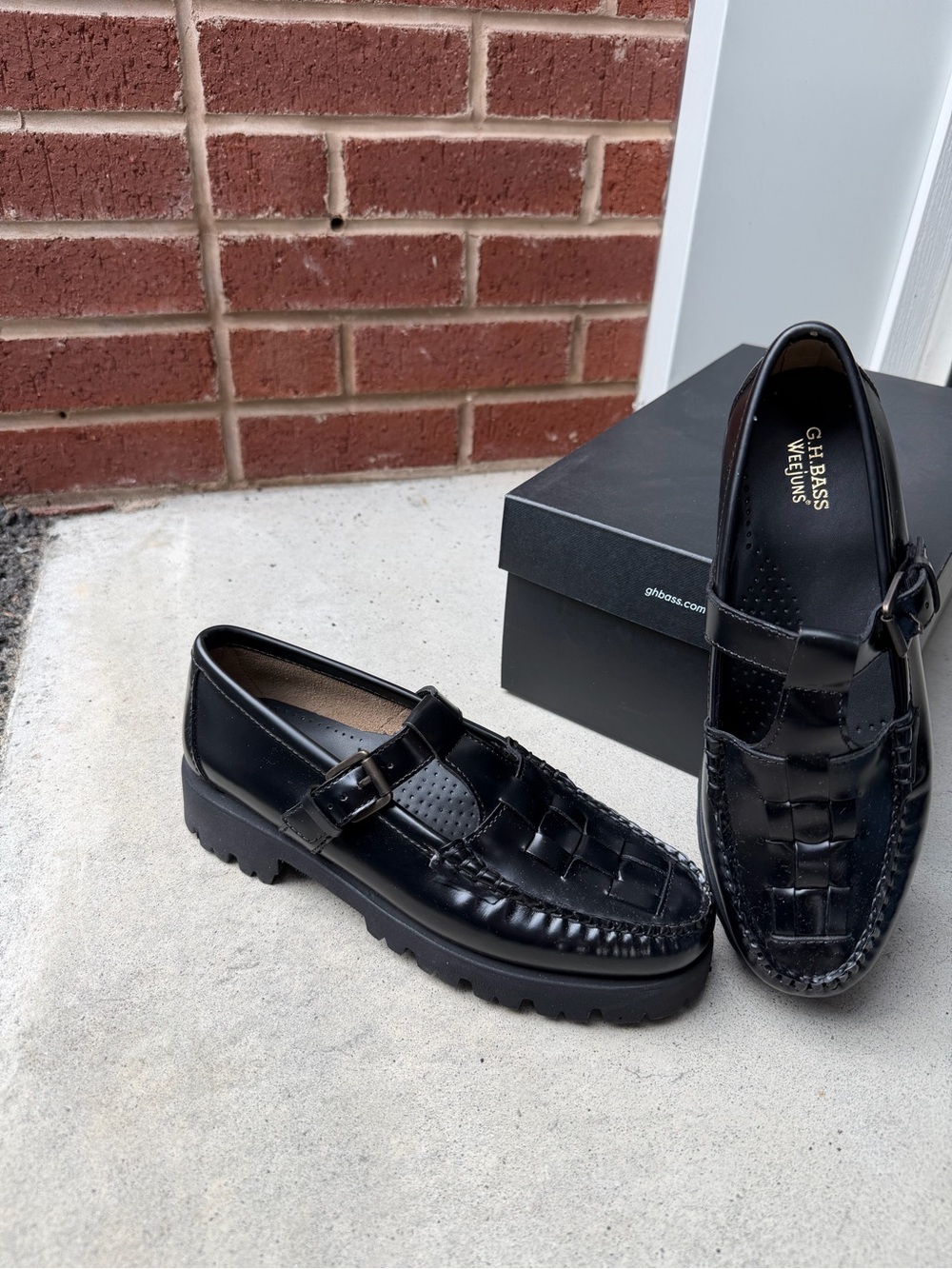 G.H. Bass & Co. Black Leather Woven Strap Loafers